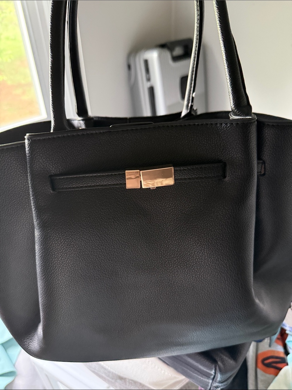 NWOT Beautiful Classic Black Leather Tote Bag with Gold Accent